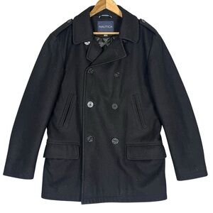 Wool Peacoat Double Breasted Fisherman Nautical Classic Black Anchor Preppy